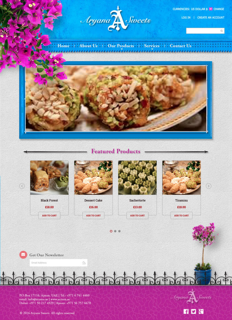 aryana sweets website home page